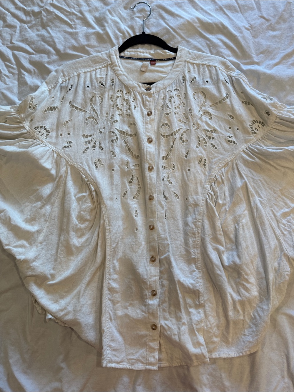 Anthro Button-Front White Eyelet Cotton Blouse Batwing Embroidery